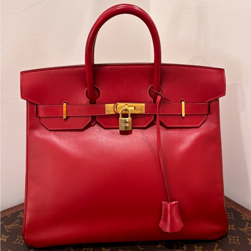 Authentic HERMES HAC 32 red box leather gold hardware vintage 1995